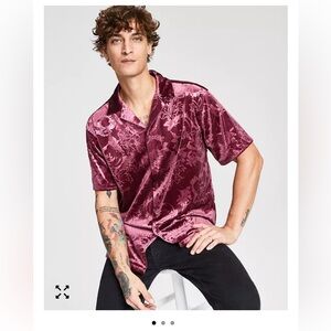 Men's Velvet Floral Shirt in Burgundy